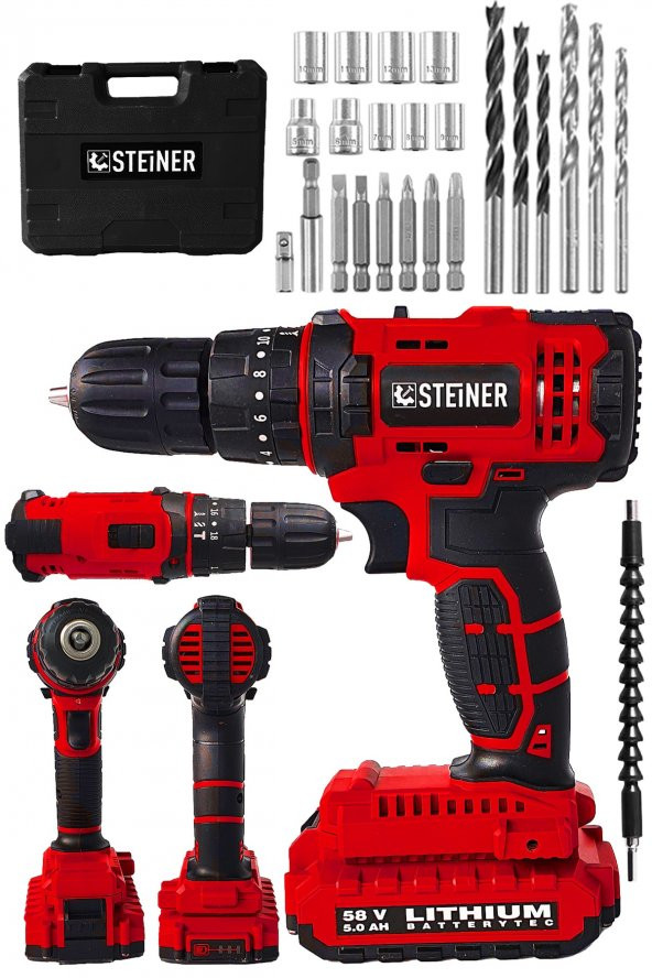 STEİNER Alman 58 V 5 Ah Darbeli Lityum Çift Akülü Sjs Metal Şanzıman Şarjlı Vidalama Matkap 24 Pcs Set - 2