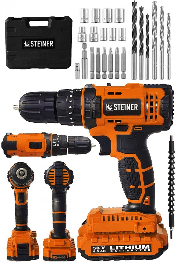 STEİNER Alman 58 V 5 Ah Darbeli Lityum Çift Akülü Sjs Metal Şanzıman Şarjlı Vidalama Matkap 24 Pcs Set - 2