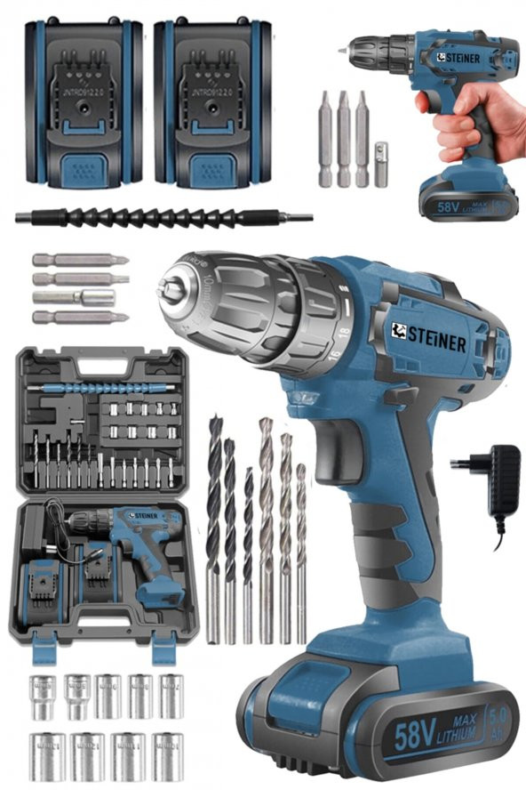 STEİNER Germany Technology 58 V 5 Ah Darbesiz Bakır Sargı Çift Akülü Şarjlı Vidalama 24 Parça Setli - Resim 2