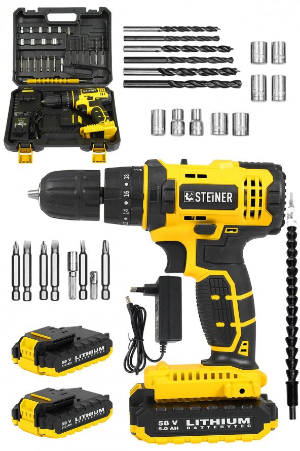 STEİNER Alman 58 V 5 Ah Darbeli Çift Akülü Metal Dişli Şanzuman Şarjlı Vidalam Matkap + 27 Parça Set - 2