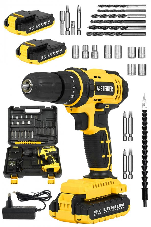 STEİNER Alman 58 V 5 Ah Darbeli Lithium Çift Akülü Metal Şanzıman Bakır Sargılı Akülü Vidalama Matkap 24 Set - Resim 2