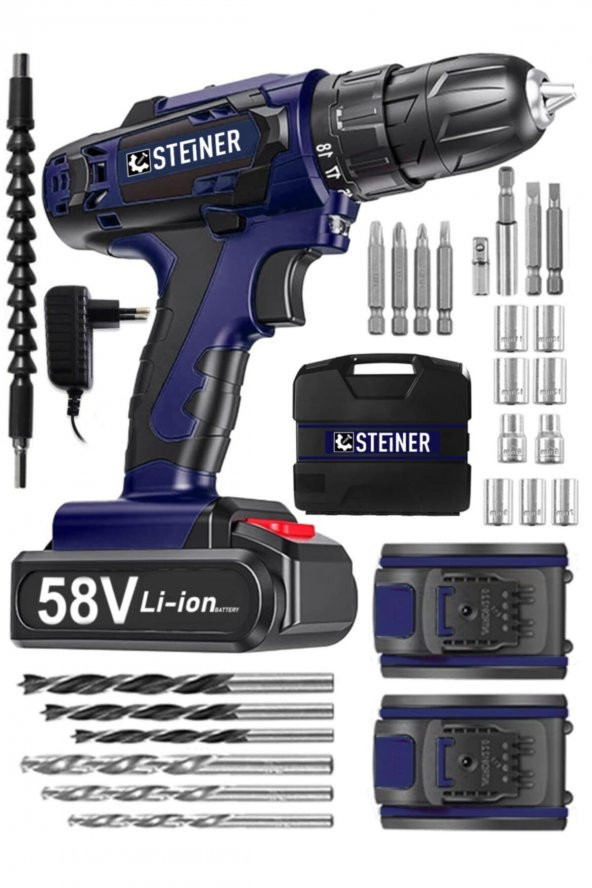 STEİNER Alman V-tech 58 V 5 Ah Çelik Motor Çelik Şanzuman Darbeli Şarjlı Çift Akülü Vidalama Matkap