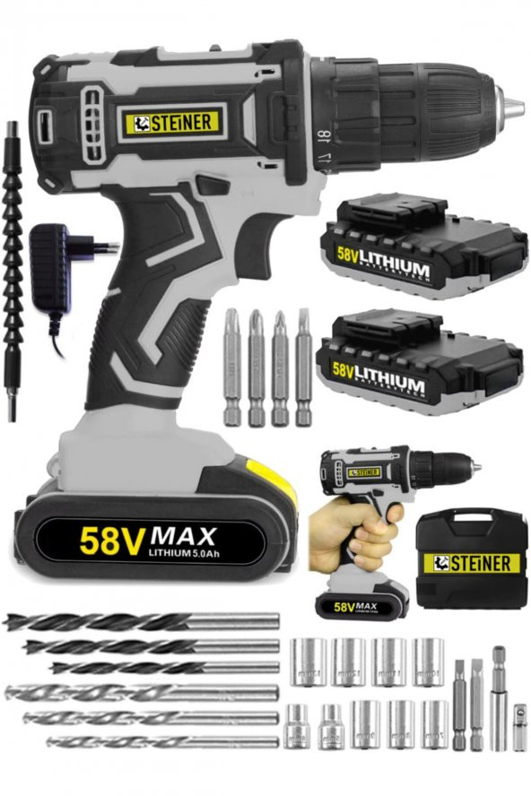 STEİNER Germany Technology Cooper 58 V 5 Ah Darbeli Metal Şanzıman Şarjlı Çift Akülü Vidalama Matkap