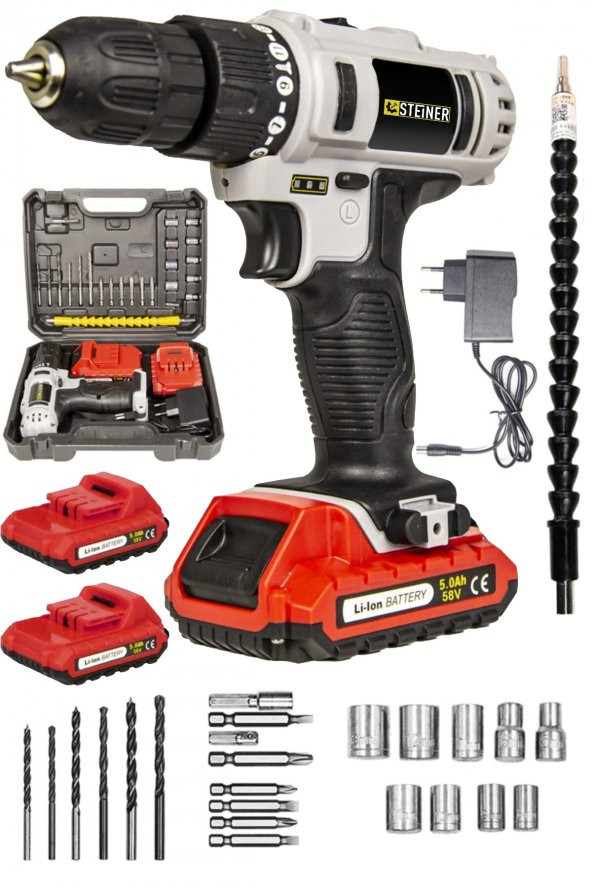 STEİNER Alman 58 V 5 Ah Darbeli Metal Şanzıman Çift Akülü Şarjlı Vidalama Matkap 24 Parça Setli Gri - Resim 2