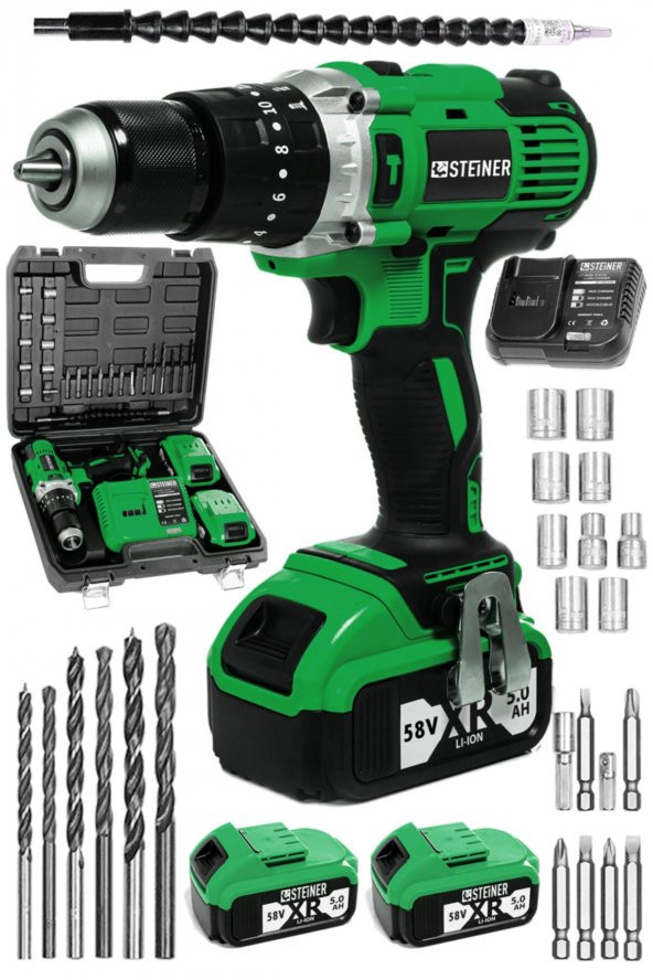 STEİNER Germany Technology Darbeli 13mm 58 V 5 Ah Çift Xr Akülü Şarjlı Vidalama Matkap Yeşil + Set - 1