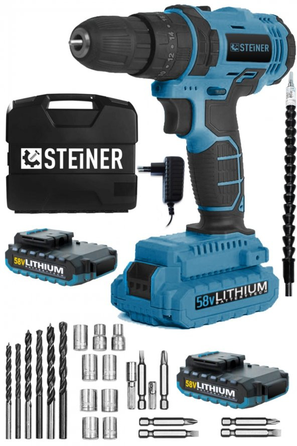 STEİNER Germany Technology Darbeli 58 V 5 Ah Metal Şanzıman Çift Akü Şarjlı Vidalama Matkap Blue Set ürün görseli