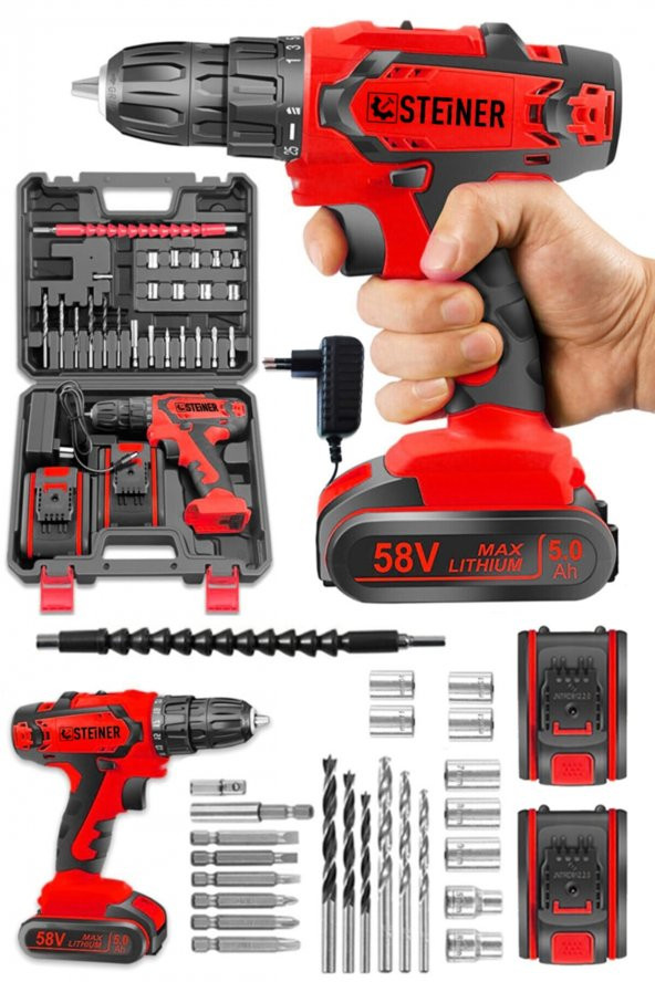 STEİNER Germany Technology Kupfer Darbeli 58 V 5 Ah Çift Akülü Vidalama Matkap Kırmızı 24 Parça Set