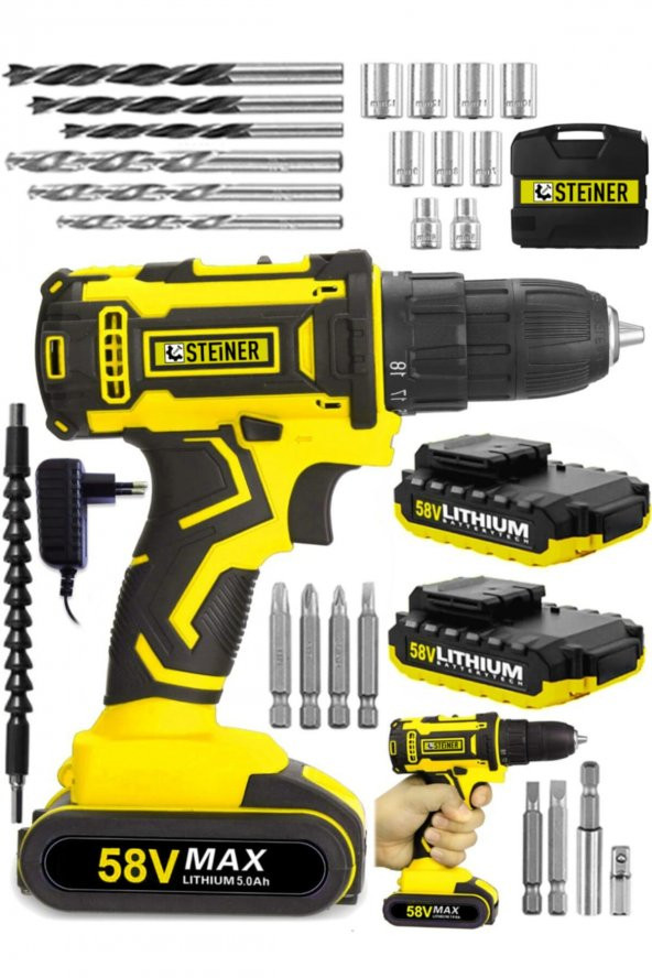 STEİNER Germany Technology Cooper 58 V 5 Ah Darbeli Metal Şanzıman Şarjlı Çift Akülü Vidalama Matkap - Resim 2