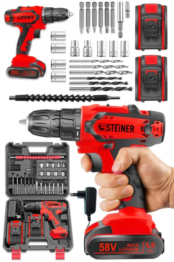 STEİNER Germany Technology Kupfer Darbeli 58 V 5 Ah Çift Akülü Vidalama Matkap Kırmızı 24 Parça Set - 2