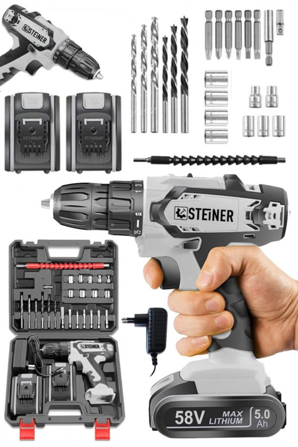 STEİNER Germany Technology Kupfer Darbeli 58 V 5 Ah Çift Akülü Vidalama Matkap Gri + 24 Parça Set - Resim 2