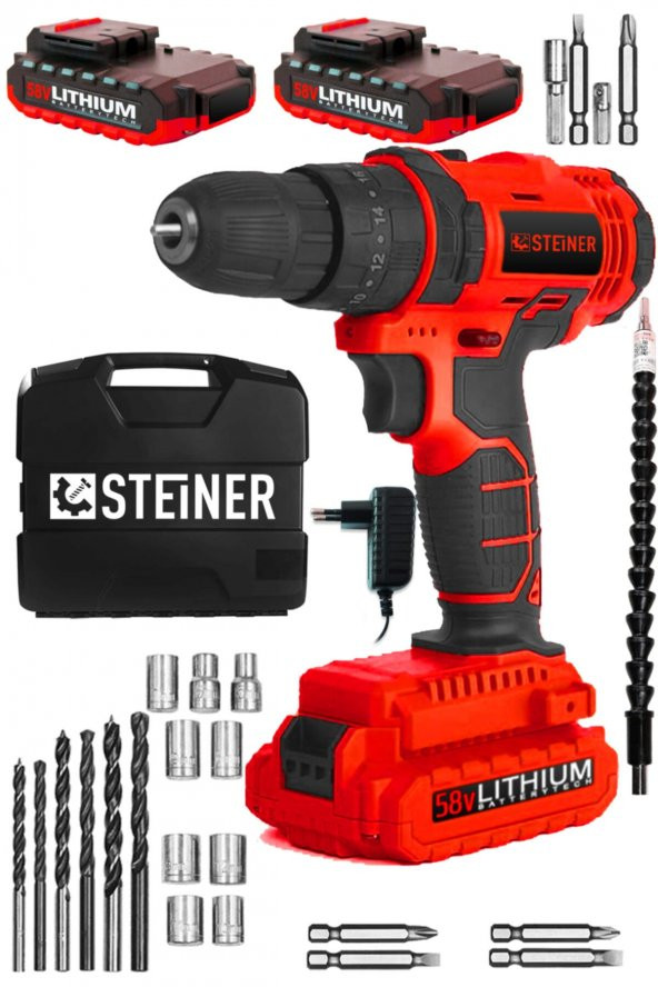 STEİNER Germany Technology Darbeli 58 V 5 Ah Metal Şanzıman Çift Akü Şarjlı Vidalama Matkap Red Set - 2