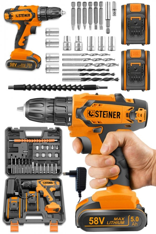 STEİNER Germany Technology Kupfer Darbeli 58 V 5 Ah Çift Akülü Vidalama Matkap Turuncu 24 Parça Set - 2