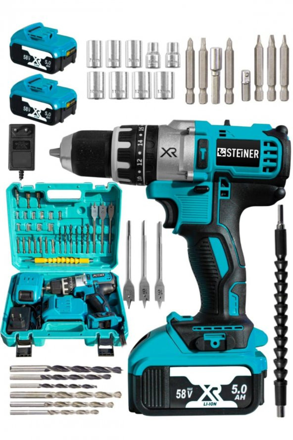 STEİNER Germany Technology Darbeli 58 V 5ah Mavi Xr Li-ion Çift Akülü Şarjlı Vidalama Matkap Pro Set - 2