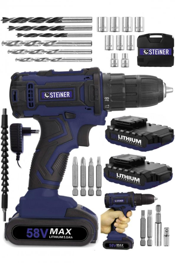 STEİNER Germany Technology Cooper 58 V 5 Ah Darbeli Metal Şanzıman Şarjlı Çift Akülü Vidalama Matkap - 2
