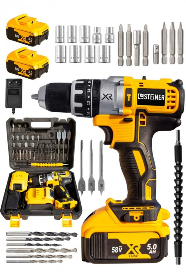 STEİNER Germany Technology Darbeli 58 V 5ah Sarı Xr Li-ion Çift Akülü Şarjlı Vidalama Matkap Pro Set - 2