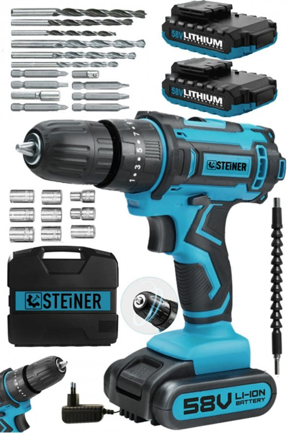 STEİNER Germany Technology Titan 58 V 5 Ah Darbeli Çift Akülü Vidalama Metal Şanzıman Şarjlı Matkap - 2