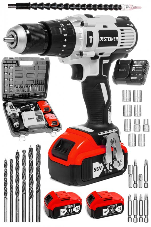 STEİNER Germany Technology Darbeli 13mm 58 V 5 Ah Çift Xr Akülü Metal Mandren Şarjlı Vidalama Matkap - 1