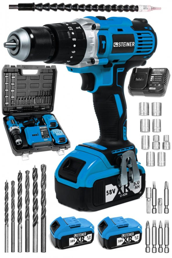 STEİNER Germany Technology Darbeli 13mm 58 V 5 Ah Çift Xr Akülü Şarjlı Vidalama Matkap Mavi + Set