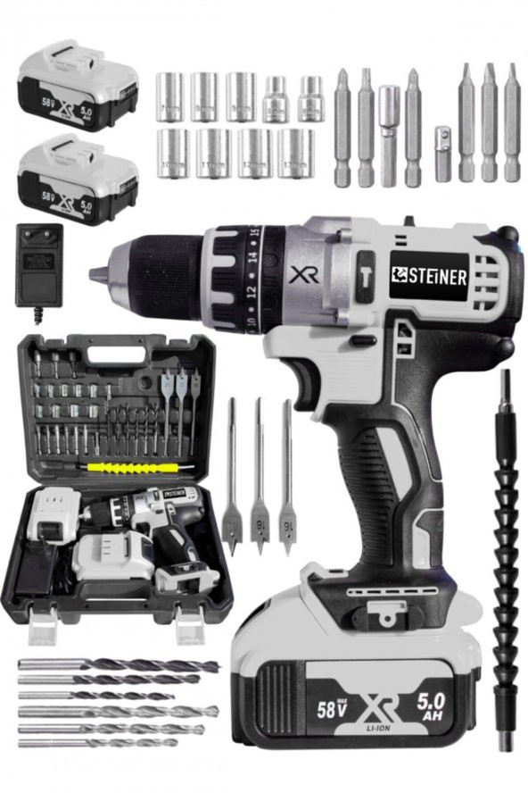 STEİNER Germany Technology Darbeli 58 V 5 Ah Gri Xr Li-ion Çift Akülü Şarjlı Vidalama Matkap Pro Set - 2