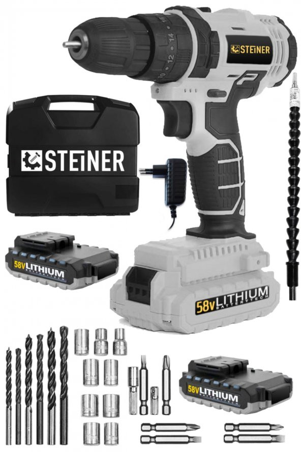 STEİNER Germany Technology 58 V 5 Ah Metal Şanzıman Çift Lithium Akü Şarjlı Vidalama Matkap + Set