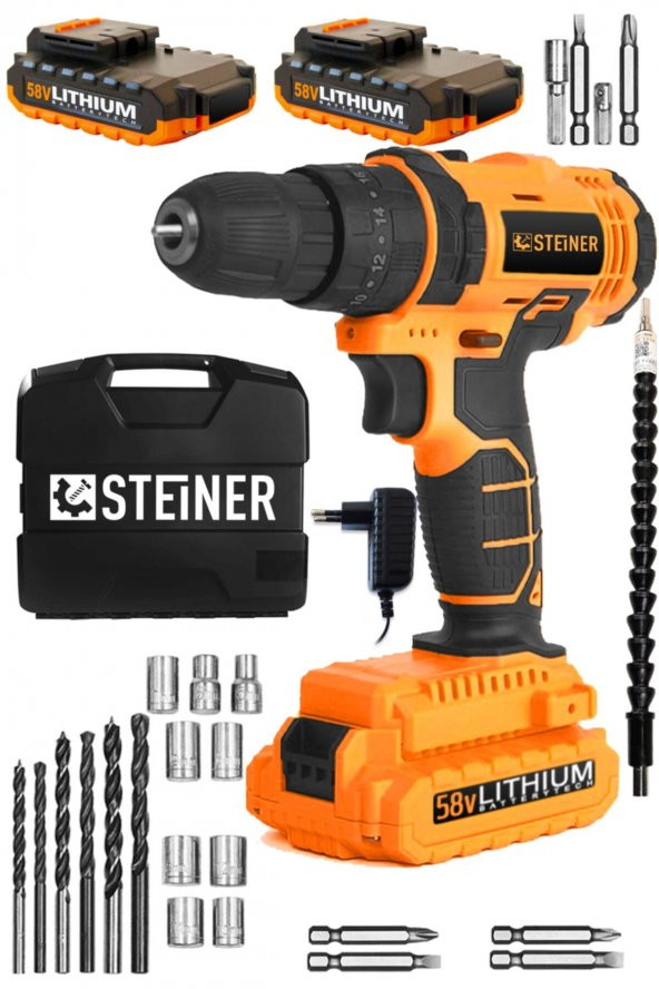 STEİNER Germany Technology Darbeli 58 V 5 Ah Metal Şanzıman Çift Akü Şarjlı Vidalama Matkap 24 Parça ürün görseli