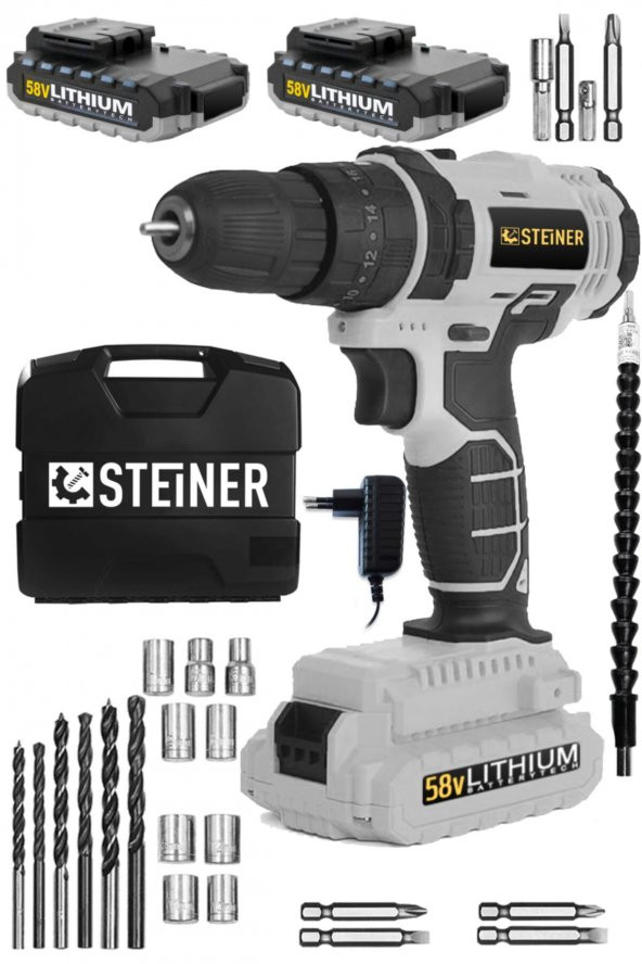 STEİNER Germany Technology 58 V 5 Ah Metal Şanzıman Çift Lithium Akü Şarjlı Vidalama Matkap + Set - 2
