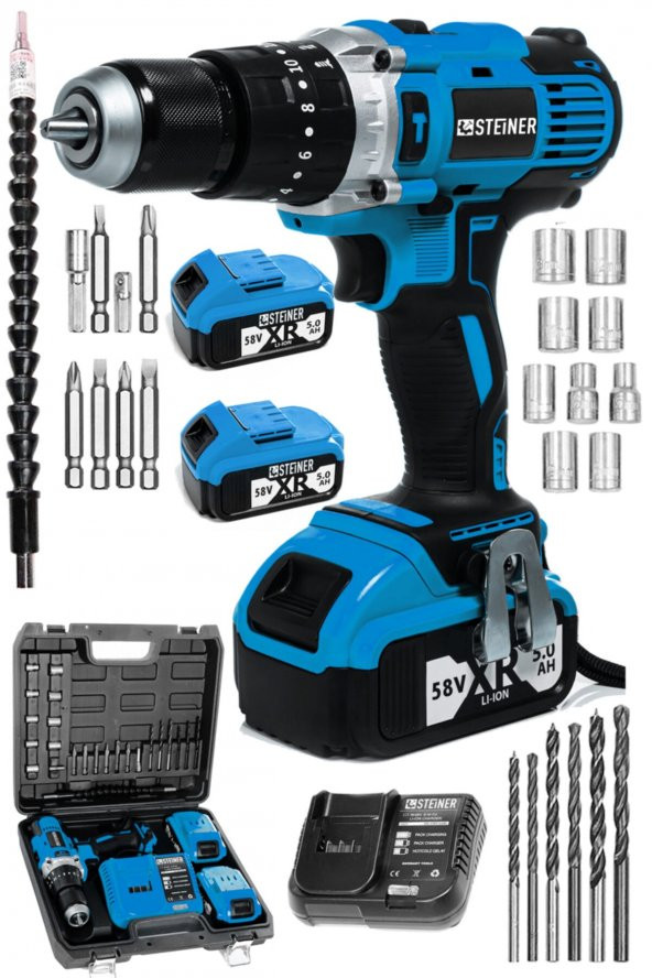 STEİNER Germany Technology Darbeli 13mm 58 V 5 Ah Çift Xr Akülü Şarjlı Vidalama Matkap Mavi + Set - 2