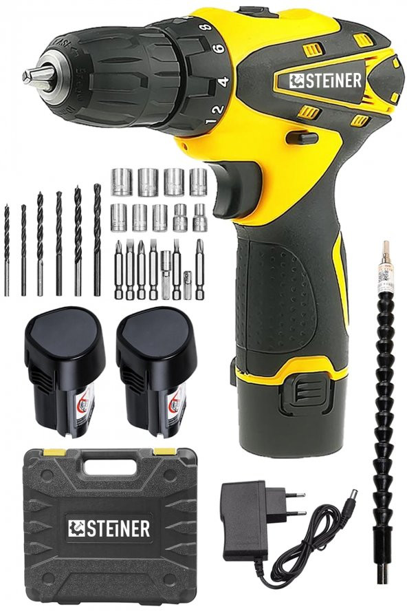 STEİNER Germany Technology 32 V Darbesiz Metal Şanzıman Çift Akülü Şarjlı Vidalama Matkap Sarı + Set - 2