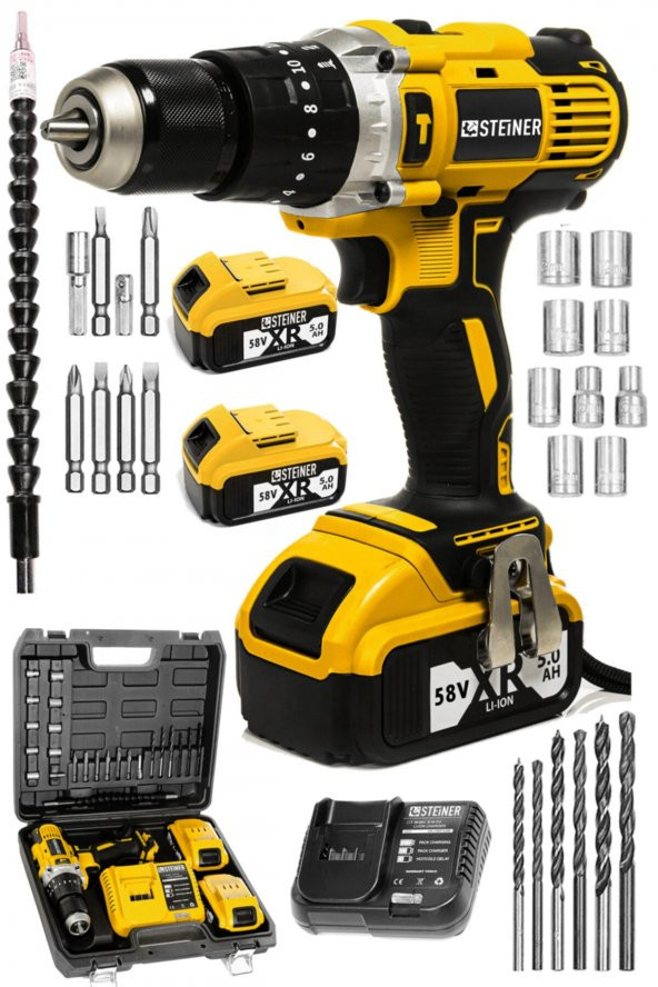 STEİNER Germany Technology Darbeli 13mm 58 V 5 Ah Çift Xr Akülü Şarjlı Vidalama Matkap Sarı + Set - 2