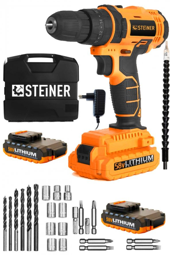 STEİNER Germany Technology Darbeli 58 V 5 Ah Metal Şanzıman Çift Akü Şarjlı Vidalama Matkap 24 Parça - Resim 2
