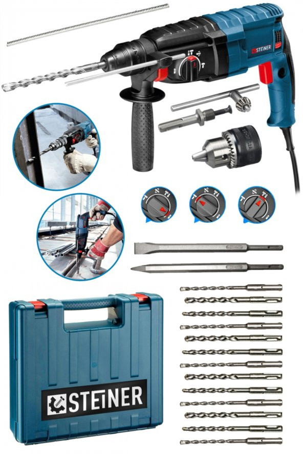 STEİNER Alman 4000 Watt Profesyonel Kırıcı Delici Hilti Darbeli Matkap + 15 Adet Uç + Mandren - 2