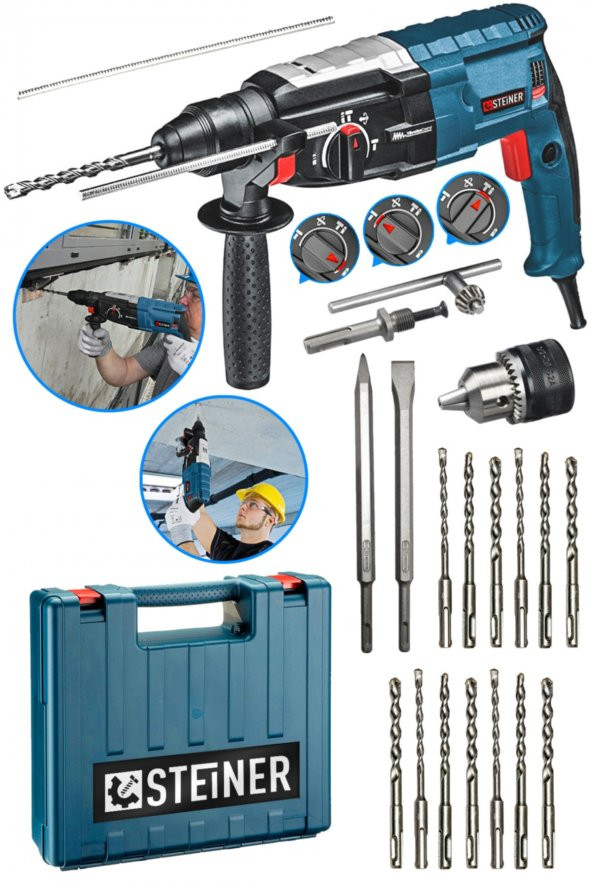 STEİNER Alman 4000 Watt Profesyonel Kırıcı Delici Hilti Darbeli Matkap Gri + 15 Adet Uç + Mandren - 2