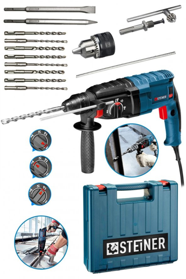 STEİNER Alman 4000 Watt Profesyonel Kırıcı Delici Hilti Darbeli Matkap + 10 Adet Uç + Mandren - 2
