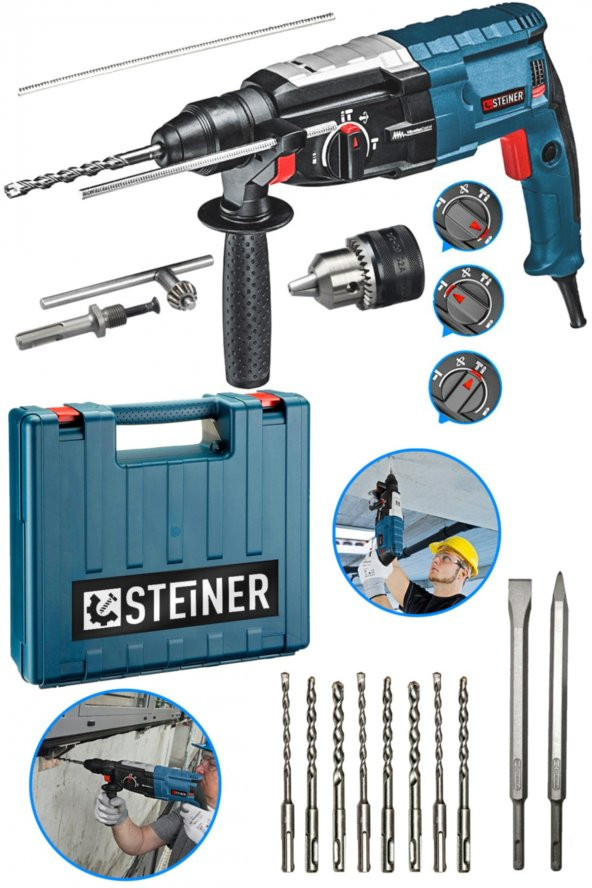STEİNER Alman 4000 Watt Profesyonel Kırıcı Delici Hilti Darbeli Matkap Gri + 10 Adet Uç + Mandren - 2