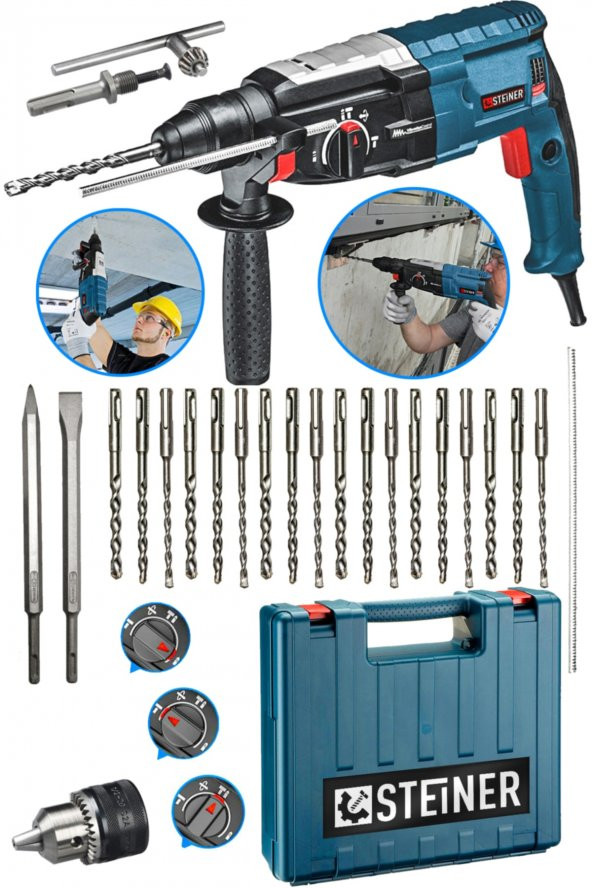 STEİNER Alman 4000 Watt Profesyonel Kırıcı Delici Hilti Darbeli Matkap Gri + 20 Adet Uç + Mandren - 2