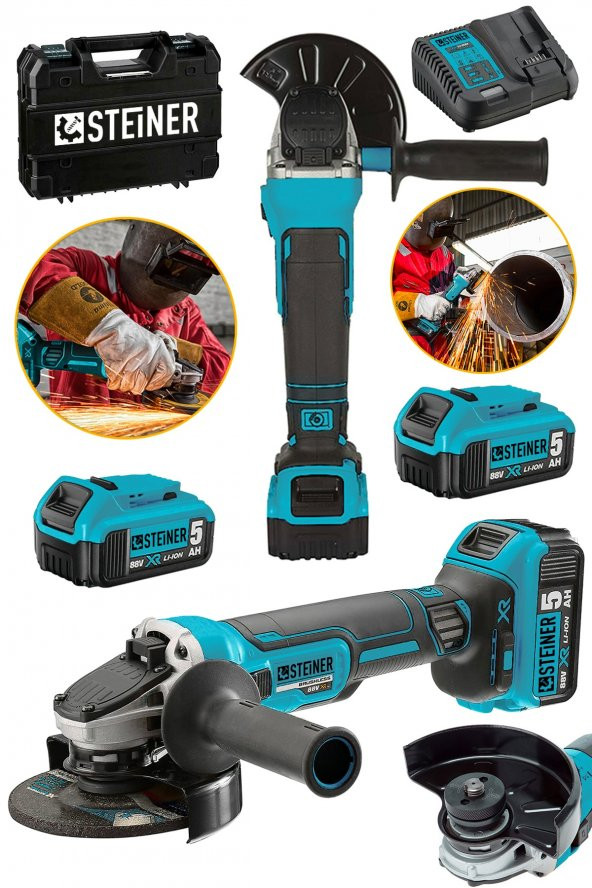 STEİNER Alman 88 V 5ah Devir Ayarlı Akülü Kömürsüz Sprel Taşlama Makinesi Elektronik Şarz Göstergeli Çantalı - 2