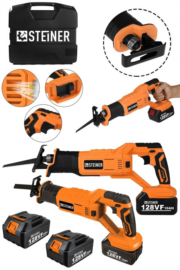 STEİNER Alman 128 Vf 10Ah Kömürsüz Motor Kemik Ahşap Demir Kesmetilki Kuyruğu Akülü Testere Makinesi Turuncu - 2