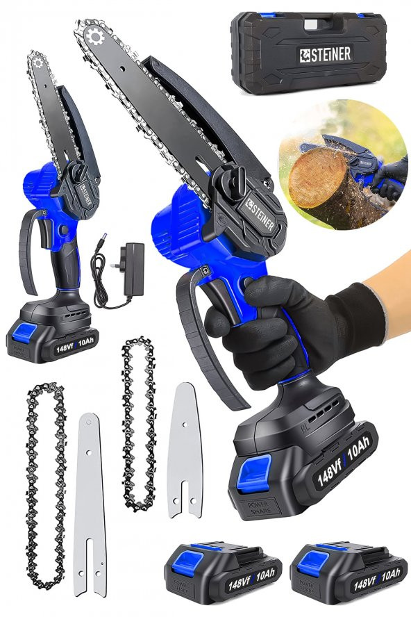 STEİNER Alman 148 Vf 10 Ah 100 Kömürsüz Motor Akülü Dal Kesme Budama Testere Bıçkı Makinesi 15 Cm Mavi