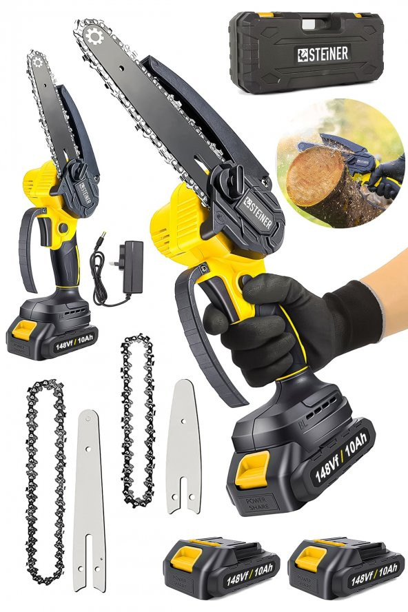 STEİNER Alman 148 Vf 10 Ah 100 Kömürsüz Motor Akülü Dal Kesme Budama Testere Bıçkı Makinesi 15 Cm Sarı