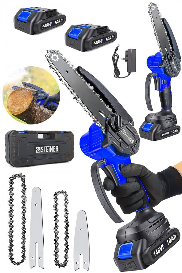 STEİNER Alman 148 Vf 10 Ah 100 Kömürsüz Motor Akülü Dal Kesme Budama Testere Bıçkı Makinesi 15 Cm Mavi - 2