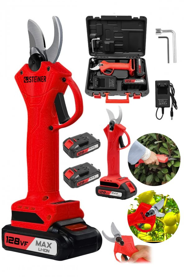 STEİNER Alman 128 Vf 10 Ah Profesyonel Çift Akülü Bağ Makası Dal Budama Kesme Makası Makinesi Çantalı Kırmız - 2
