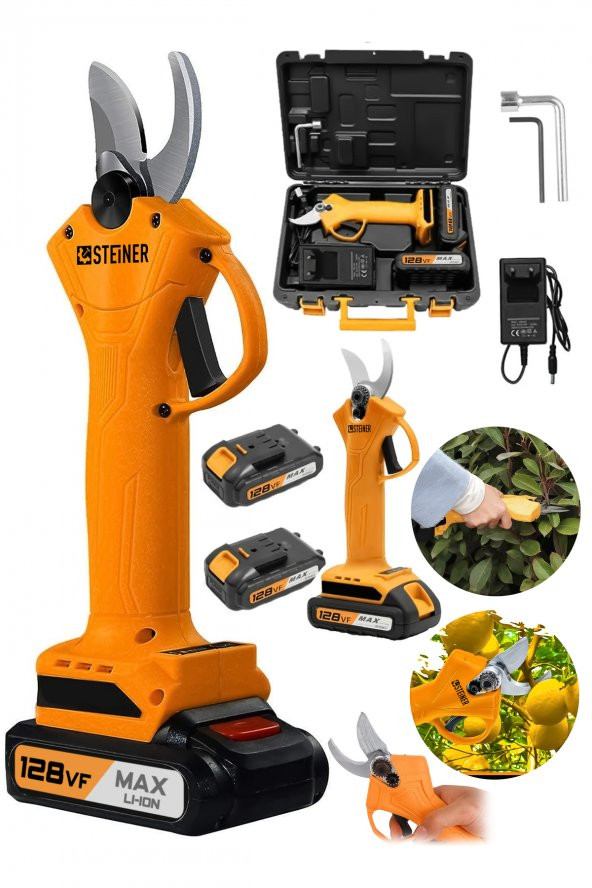 STEİNER Alman 128 Vf 10Ah Profesyonel Çift Akülü Bağ Makası Dal Budama Kesme Makası Makinesi Çantalı Turuncu - 2