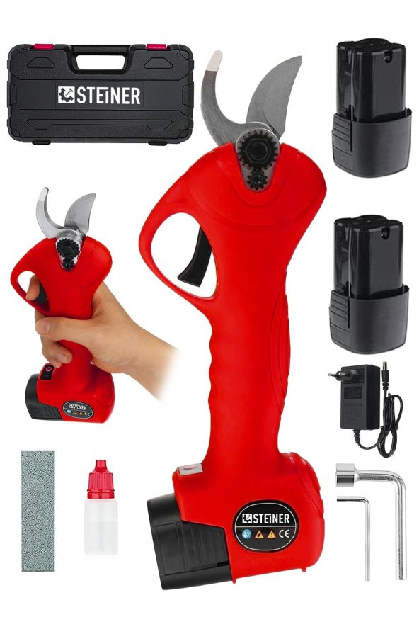 STEİNER Alman 128 Vf 10 Ah Kömürsüz Motor Akülü Bağ Makası Dal Budama Kesme Makası Çantalı Kırmızı - 2