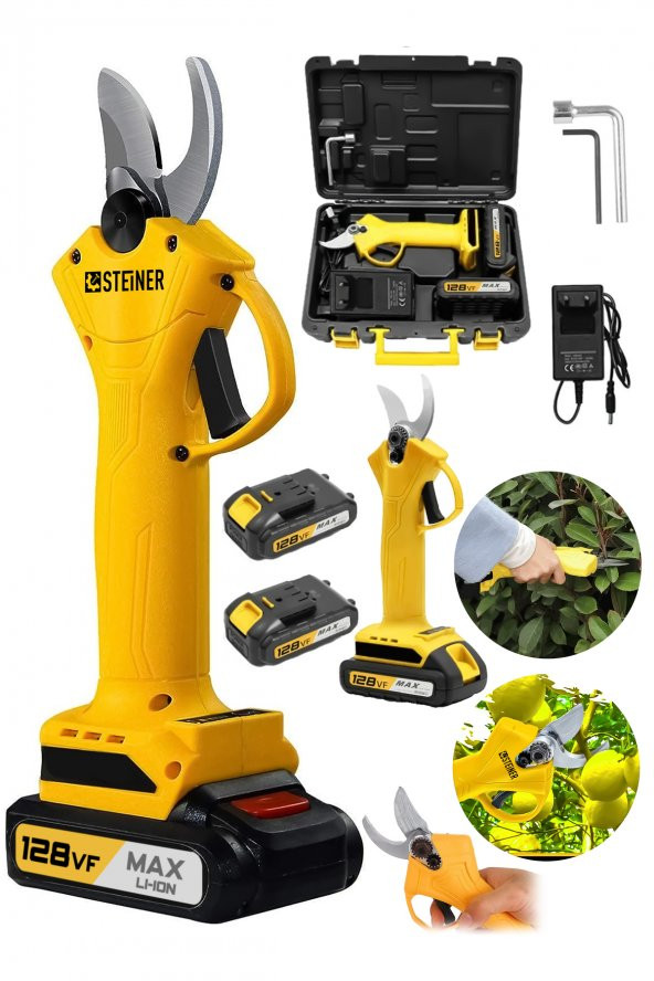 STEİNER Alman 128 Vf 10 Ah Profesyonel Çift Akülü Bağ Makası Dal Budama Kesme Makası Makinesi Çantalı Sarı - 2