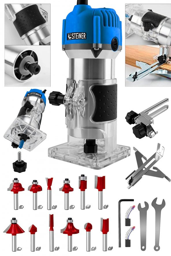 STEİNER Alman 3000 Watt 6 Kademe Devir Ayarlı Formika Traşlama Freze Makinesi 6 Mm Pens + 12 Adet Uç