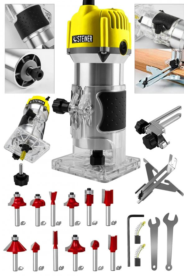 STEİNER Alman 3000 Watt 6 Kademe Devir Ayarlı Formika Traşlama Freze Makinesi 6 mm Pens + 12 Adet Uç