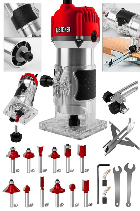 STEİNER Alman 3000 Watt 6 Kademe Devir Ayarlı Formika Traşlama Freze Makinesi 6 Mm Pens + 12 Adet Uç