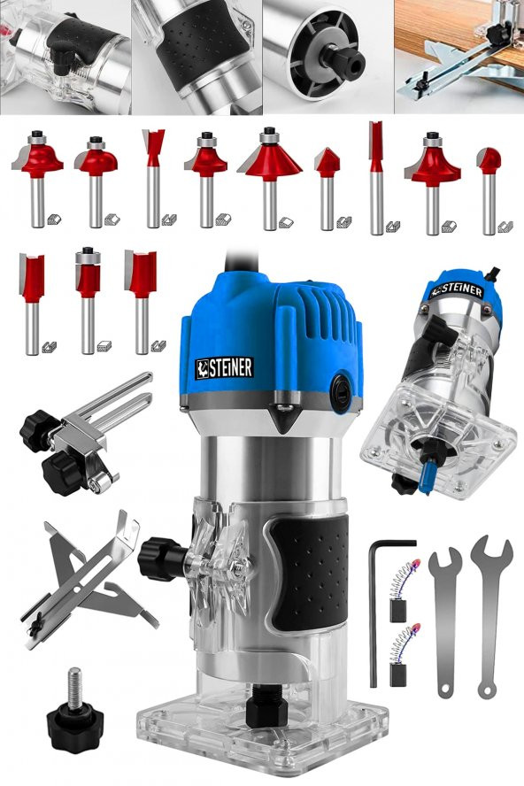 STEİNER Alman 3000 Watt 6 Kademe Devir Ayarlı Formika Traşlama Freze Makinesi 6 Mm Pens + 12 Adet Uç - 2