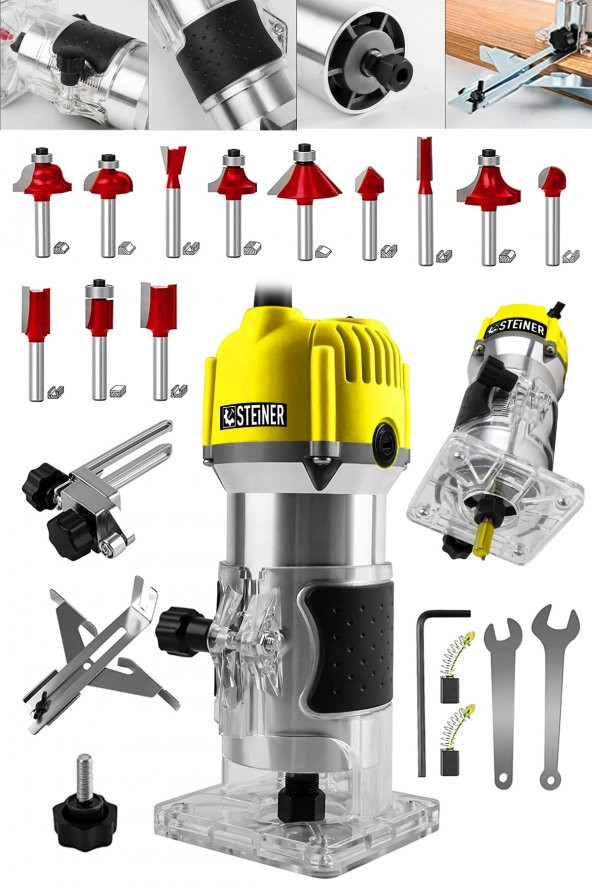 STEİNER Alman 3000 Watt 6 Kademe Devir Ayarlı Formika Traşlama Freze Makinesi 6 mm Pens + 12 Adet Uç - 2