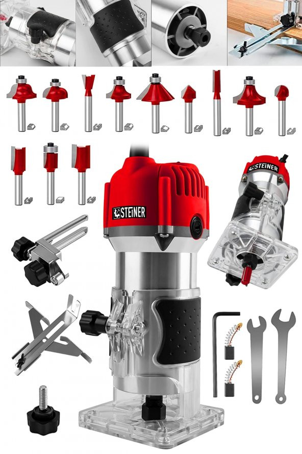 STEİNER Alman 3000 Watt 6 Kademe Devir Ayarlı Formika Traşlama Freze Makinesi 6 Mm Pens + 12 Adet Uç - 2